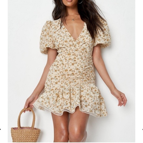 Missguided Woven Puff Sleeve Mini Dress Ditsy - Picture 1 of 8